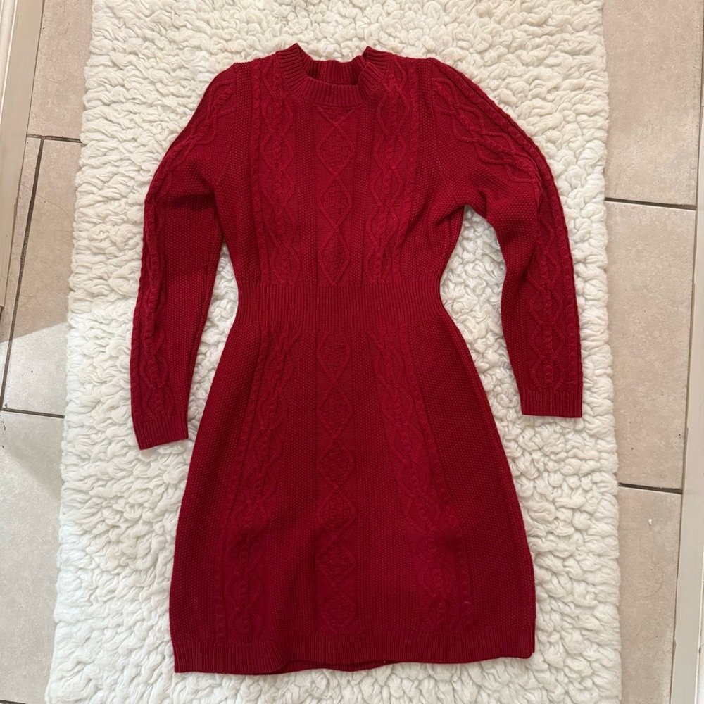 Cable Knit Long Sleeve Sweater Dress - Red